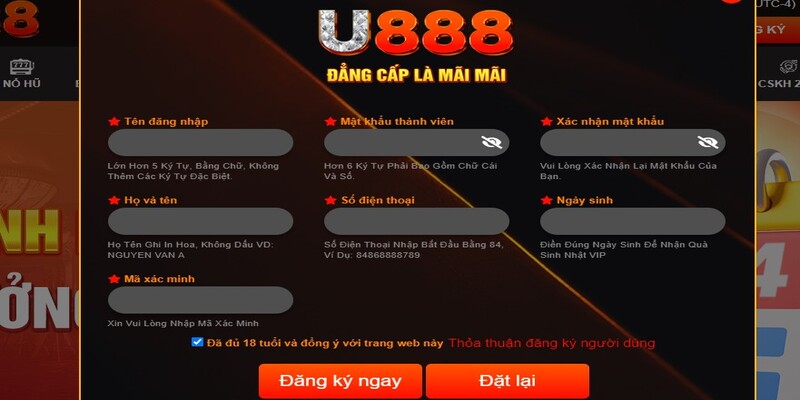 Mẫu đăng ký chơi cá cược casino tại U888